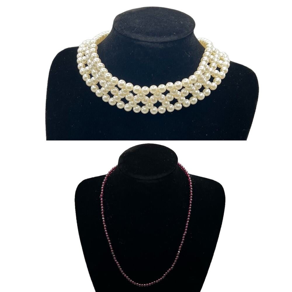 Beaded Chokers (2) Stretchy Weaved Faux Pearls & Small Purple Glass Bead Stand - Picture 2 of 13